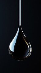Poster - Liquid drop suspended from thin rod against dark background with light reflections