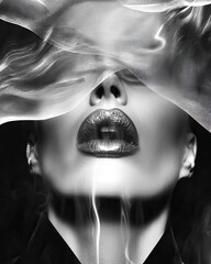 Poster - close up black and white portrait of a woman's face partially obscured by a sheer, textured fabric. 