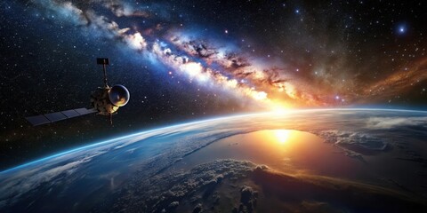 Wall Mural - a lone satellite orbits a vibrant planet, traversing a cosmic tapestry of stars and nebulae, bathed 
