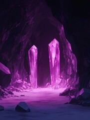 Poster - Mysterious cave entrance with two glowing purple crystal pillars and rocky floor in dark light