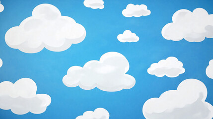 Poster - White fluffy cartoon clouds on a bright blue sky background. Simple vector illustration with flat colors, clean design, and seamless pattern concept for wallpapers, textiles, and digital backgrounds.