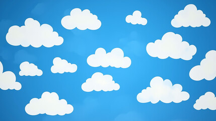 Poster - White fluffy cartoon clouds on a bright blue sky background. Simple vector illustration with flat colors, clean design, and seamless pattern concept for wallpapers, textiles, and digital backgrounds.