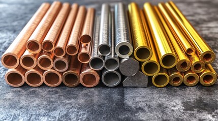 Poster - Metal pipes in copper silver and gold colors arranged on a dark textured surface in a studio shot