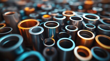 Poster - Metal Cylinders Close Up Abstract Industrial Background with Copper and Steel Tones