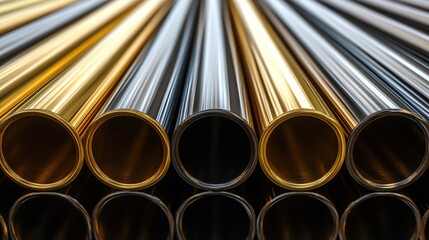 Poster - Metallic tubes arranged in parallel with gold and silver colors creating a reflective pattern