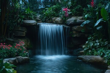 Wall Mural - Tranquil indoor waterfall, lush greenery, relaxing oasis, perfect for spa or wellness