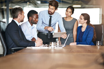 Aufkleber - Tablet, team discussion and business people planning, meeting or problem solving. Group, technology and brainstorming with engagement manager for project development, solution or training in office