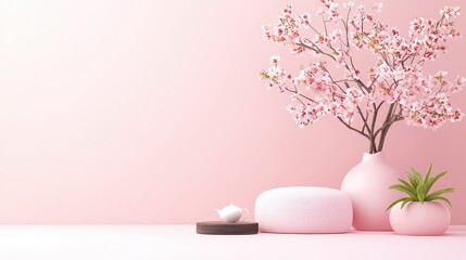 Poster - A minimalist pink living room setup with soft pastel tones, plush textures, and cozy lighting, evoking a sense of tranquility and warmth.