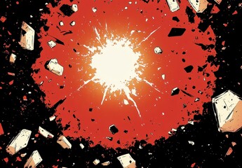 Wall Mural - Abstract digital art depicting a radiant white explosion in a field of red and black. Surrounding the bright center are numerous small, fragmented