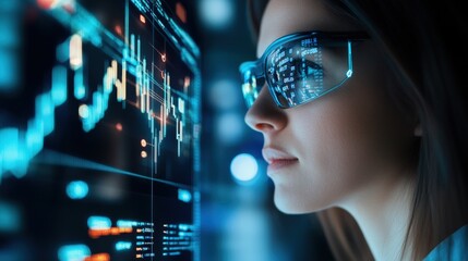 Poster - Woman Using Smart Glasses to Analyze Digital Financial Data
