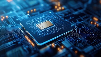 Fototapete - Futuristic Microchip on Circuit Board with Glowing Elements
