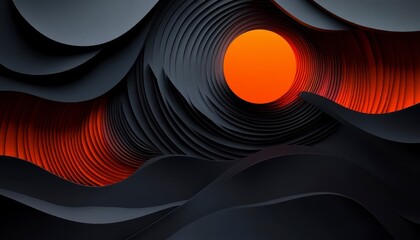 Fototapete - Abstract 3D render of dark gray and black layered shapes creating a swirling vortex effect around a bright orange sun. The image has a moody and