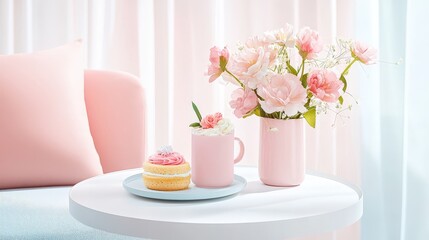 Poster - A whimsical pink tones minimalist style, featuring playful accents like light, airy curtains and soft blush cushions, creating a fun yet serene vibe.