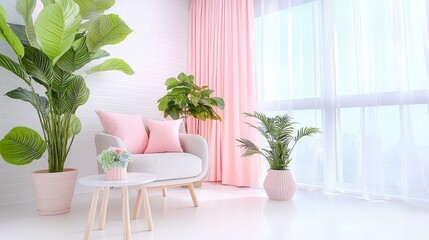 Poster - A whimsical pink tones minimalist style, featuring playful accents like light, airy curtains and soft blush cushions, creating a fun yet serene vibe.