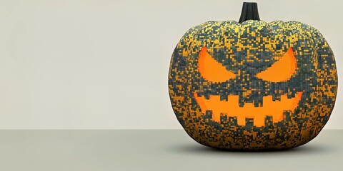 Pixelated Halloween jack in mosaic art. Spooky pumpkin face with eerie features. Halloween decoration, digital style, expressive and scary design for autumn festivities.