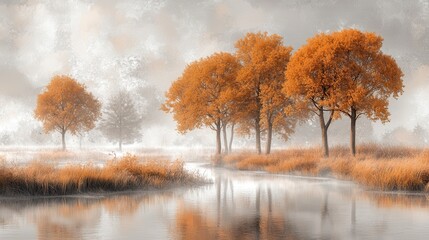 Poster - Orange and gray autumnal landscape painting of trees and river reflecting on calm water, misty background, soft light, peaceful atmosphere