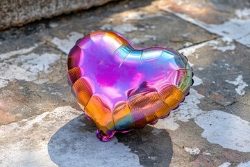 Shimmering heart shaped balloon on a weathered stone surface reflecting sunlight in bright colors