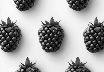 Wall Mural - Overhead shot of multiple blackberries arranged on a white background. The blackberries are dark and richly colored against the bright white