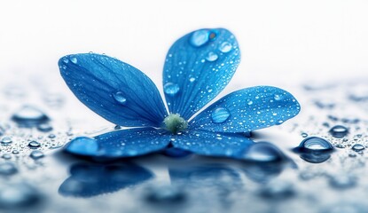 Wall Mural - Close up of a single, vibrant blue flower petal with water droplets, resting on a reflective surface. Soft lighting and a serene atmosphere