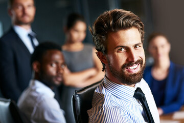 Aufkleber - Happy, portrait and businessman in office for meeting with team for corporate legal case. Smile, confident and face of male attorney with group of lawyers for collaboration at company in workplace.
