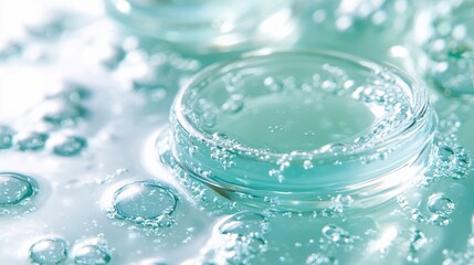 Poster - Clear liquid with bubbles in circular containers on a light surface with soft light