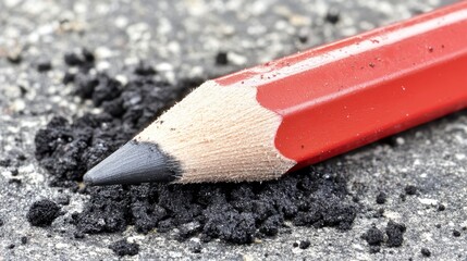 Poster - close up view of a well used red pencil lying on a dark gray surface, surrounded by graphite shaving