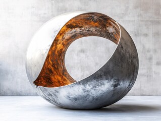 Poster - Abstract metallic sphere with orange interior against a textured concrete wall modern art