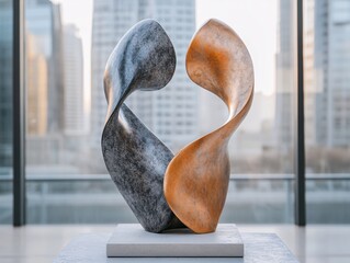 Poster - Abstract sculpture with two curved shapes in gray and orange against a blurred city background