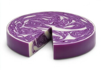 Poster - A cross section of a round red cabbage reveals a striking purple and white swirl pattern. One slice is removed, showcasing the intricate marbling