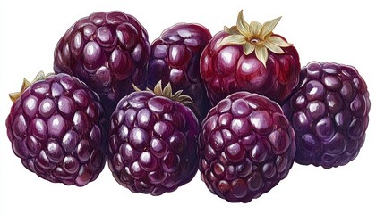 Wall Mural - Close up view of a cluster of dark purple blackberries, exhibiting a natural, slightly glossy texture. The image is set against a plain white