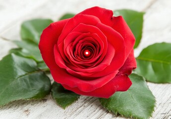 Sticker - Close up view of a single, deep red rose with dew drops, its petals gently unfurling. The rose rests on a rustic white wooden surface, surrounded by