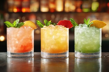 Poster - Three colorful cocktails with ice and fruit garnish on a bar counter in a blurred background