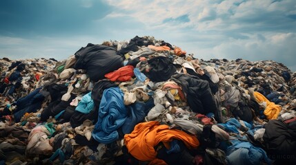 devastating textile waste crisis shown in a towering mountain of discarded unwanted clothing and fas
