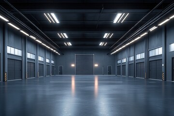 Poster - Empty industrial warehouse with high ceiling and multiple loading doors in dark gray tones
