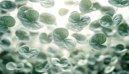 Poster - Soft light illuminates numerous round, textured leaves floating against a bright background. The leaves are various shades of green and gray