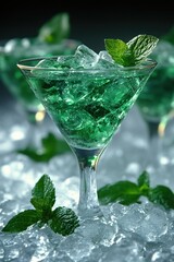 Poster - Refreshing green cocktail with ice and mint leaves on a bed of ice cubes in a dark setting