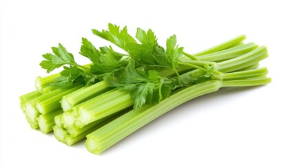 Wall Mural - Fresh green celery stalks and vibrant leaves arranged on a white background. The image showcases the texture and color of the celery, highlighting