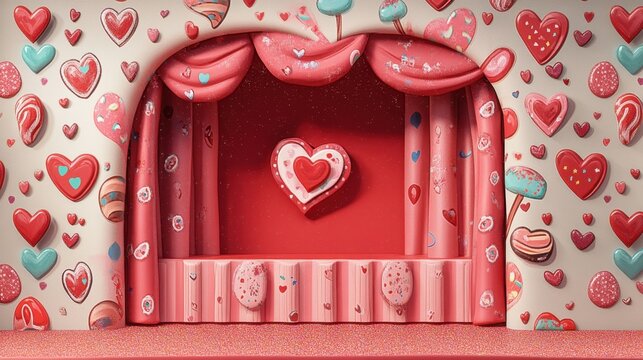 A fantasy-inspired Valentine's illustration with a red stage, chocolate patterns, and hearts on a glitter background.