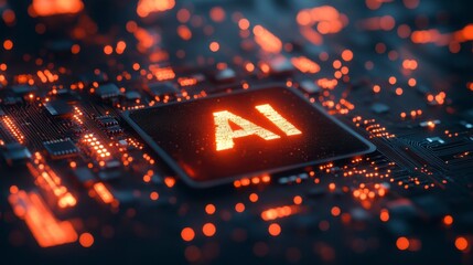 Poster - close up of an illuminated microchip on a circuit board, glowing orange and red. the image shows int