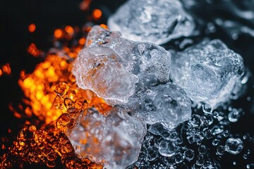 Poster - Ice chunks melting with hot liquid creating a contrast of cold and warm in dark background
