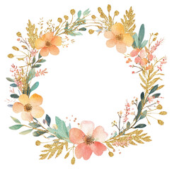 Wall Mural - PNG Summer color flowers on gold glitter circle frame art illustration watercolor.