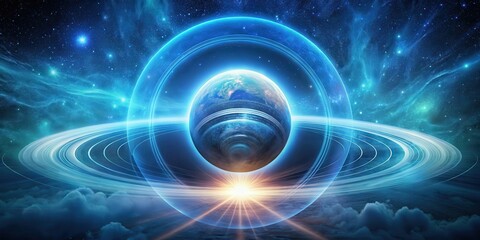 Wall Mural - a celestial orb enveloped in a radiant energy field, orbiting within a system of glowing rings and a