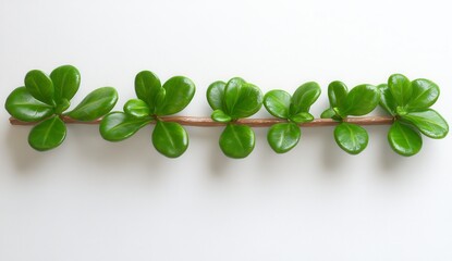 Wall Mural - Vibrant green sprig with small, glossy leaves arranged symmetrically along a slender brown stem against a bright white background. The image is a