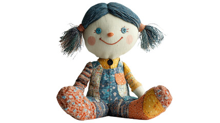 Wall Mural - A soft plush doll designed for toddlers, with a friendly embroidered face, wearing colorful pajamas, and placed on a clean white background.