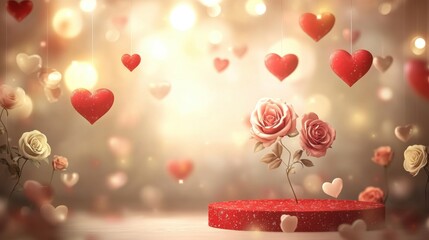 Aufkleber - A glowing Valentine's background with roses, hearts, and a red platform on a soft beige gradient setting.