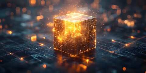 Poster - Luminous Digital Cube: A futuristic depiction of data processing and technological advancement