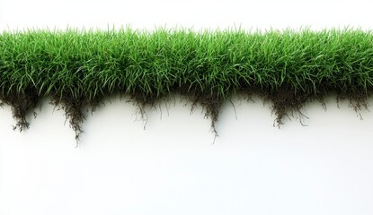 Poster - Vibrant green grass texture against a stark white background. The grass appears lush and slightly overgrown, with small dark brown particles