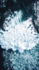 Poster - Aerial view of a powerful ocean wave with white foam and dark blue water texture
