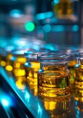 Poster - Amber liquid in glass containers on a production line.