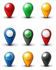 Poster - Nine glossy location pin icons in red green yellow blue gray colors on a white background